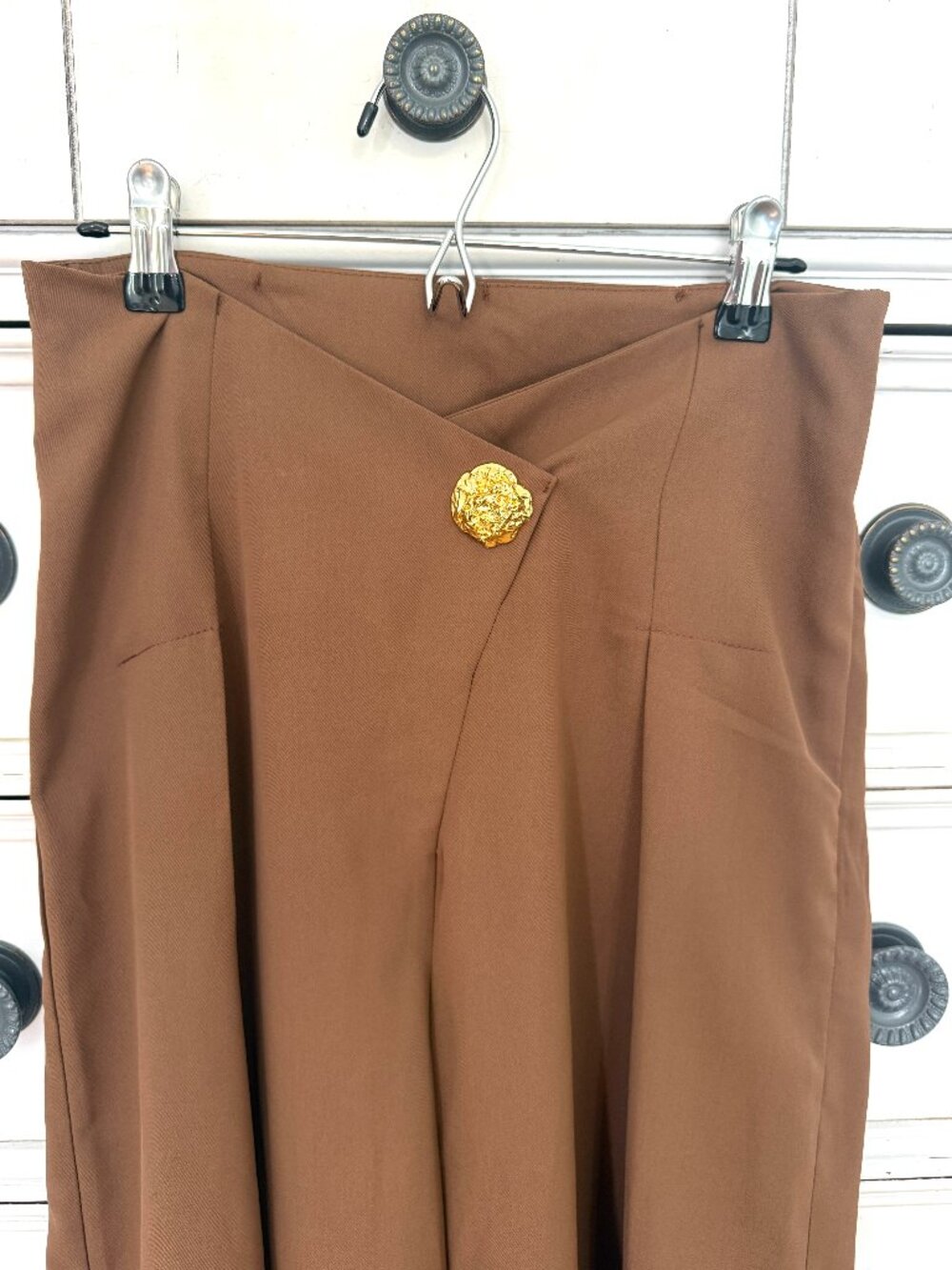 Chocolate brown high-waist wide-leg pants with gold button size small